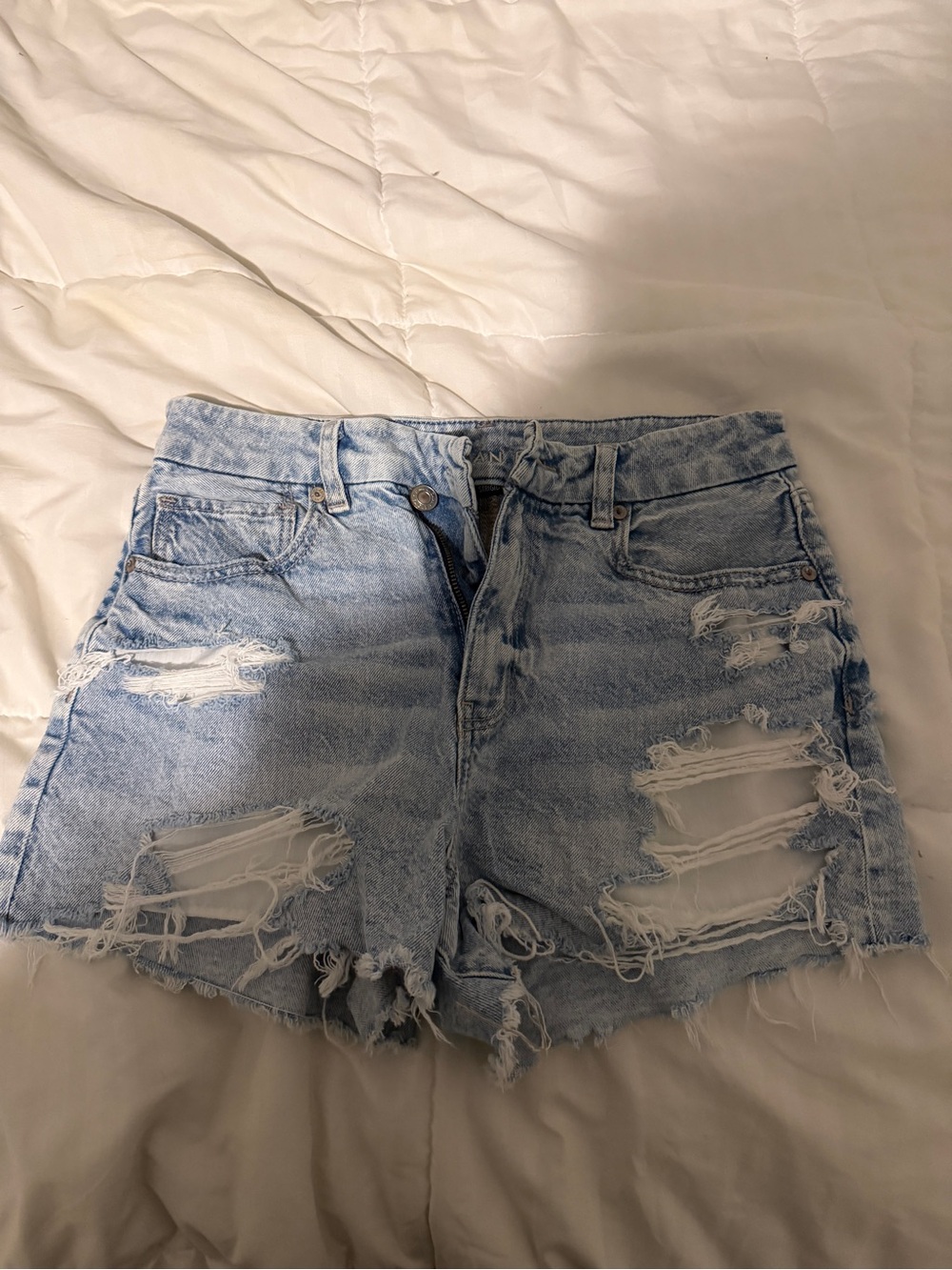 High-Rise American Eagle Distressed Light Blue Denim Shorts